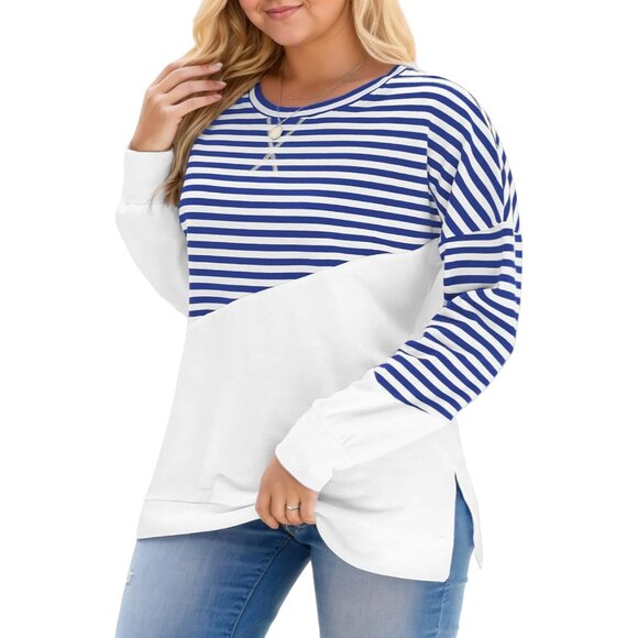 Plus Size Sweatshirts Women Long Sleeve Colorblock Side Split Casual - Picture 3 of 5